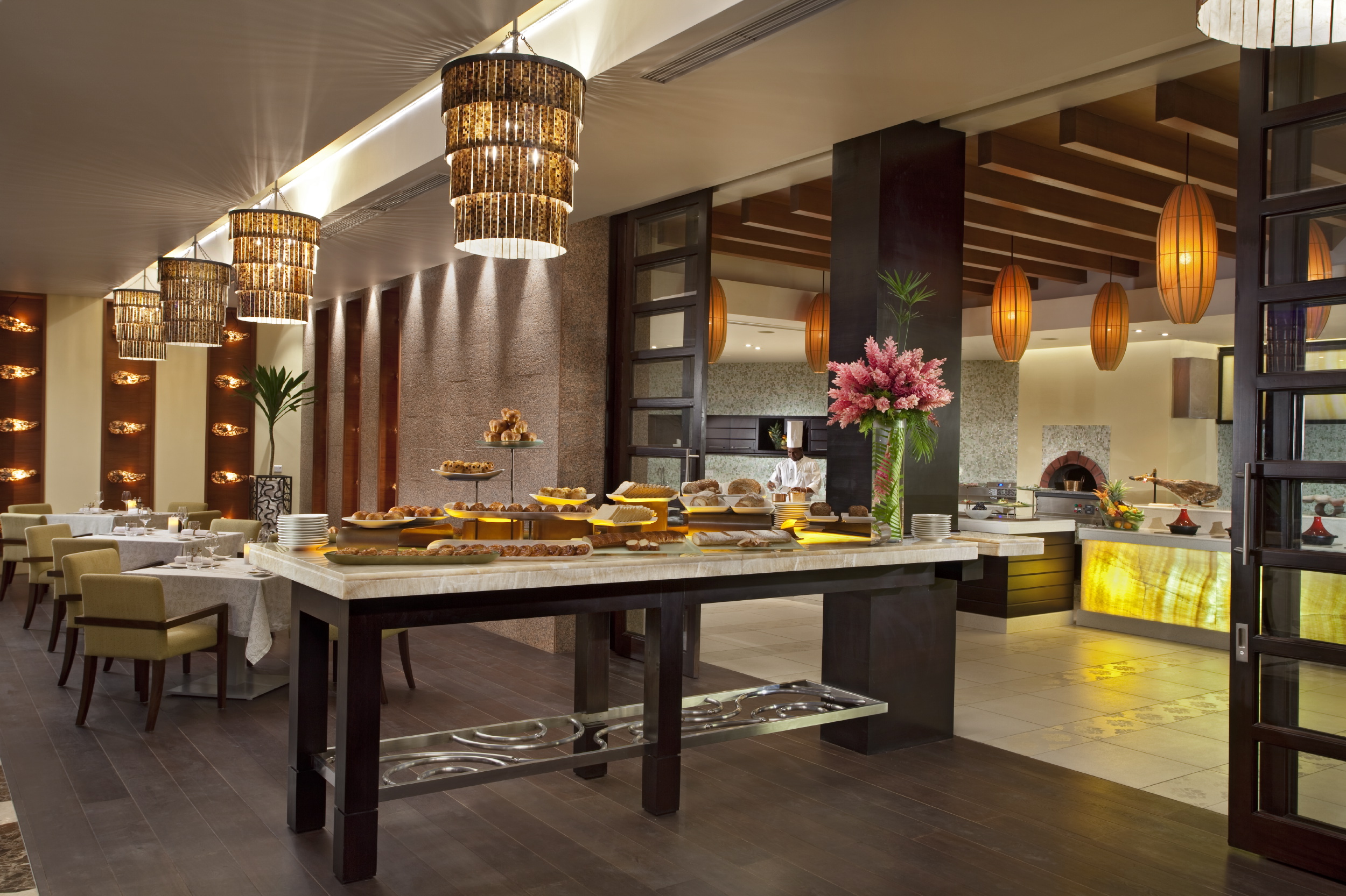 tabletop presentation concepts for breakfast buffet at Losean Restaurant, Raffles Seychelles