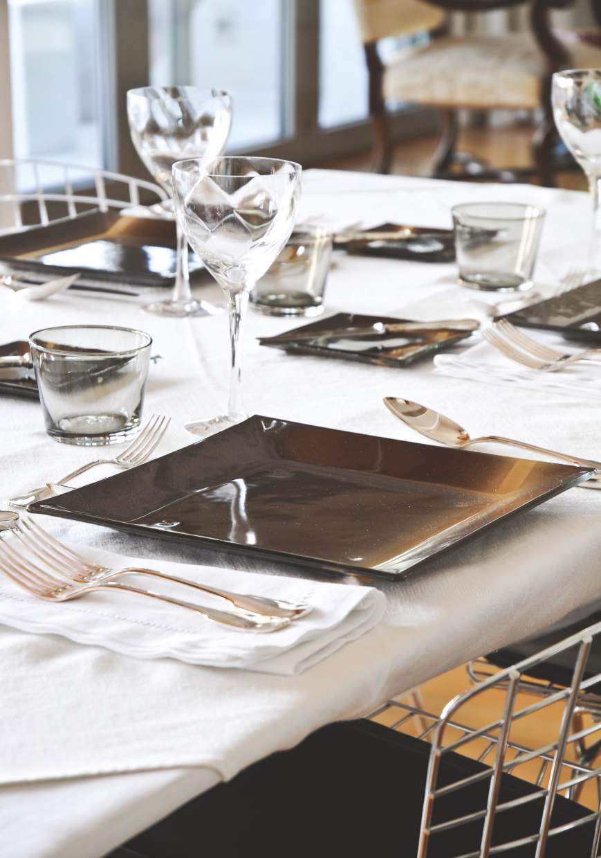 designer striped dinner plates Secret Collection tabletop setup MyGlassStudio
