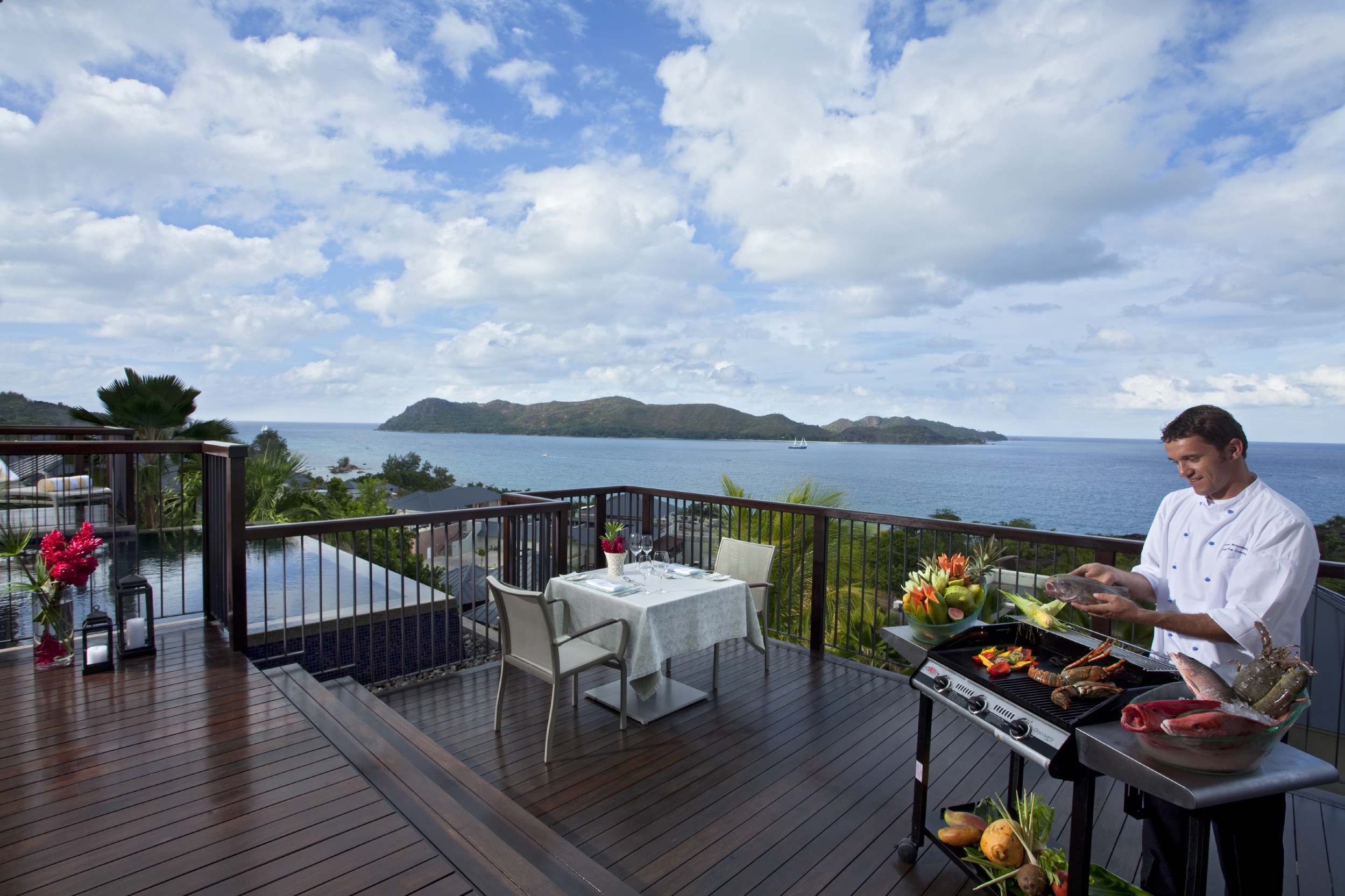 tabletop presentation concepts for in-villa BBQ dinner, Raffles Seychelles Resort