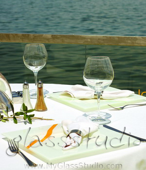 banquet underplates white square glass charger orange stripe MyGlassStudio