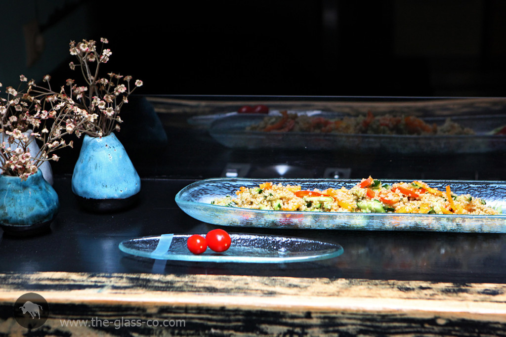 modern bistro dinnerware oval appetizer trays clear glass light blue MyGlassStudio