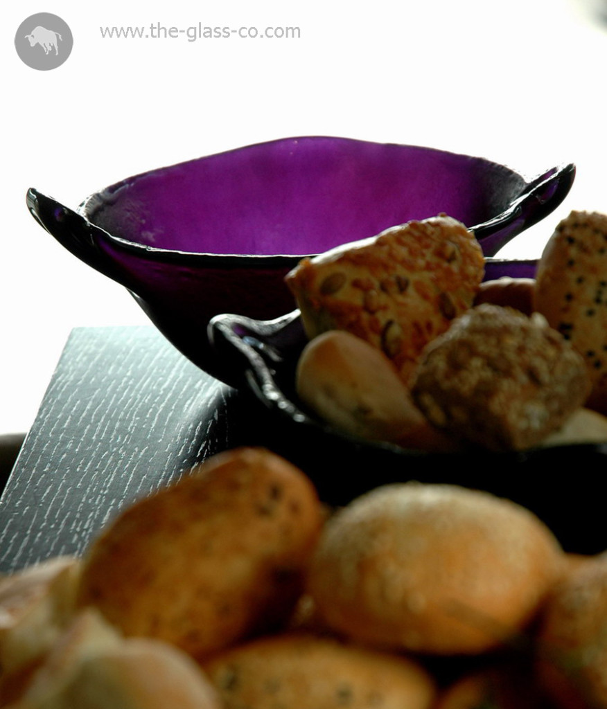 bread service baskets purple glass bowl with handles MyGlassStudio