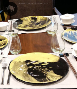 black and green show plates charger plates handpainted Ming Yang Taj Lands End MyGlassStudio