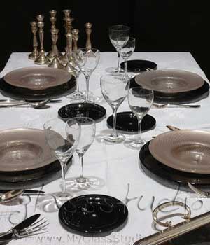 banquet underplates black glass charger plates restaurant tabletop MyGlassStudio
