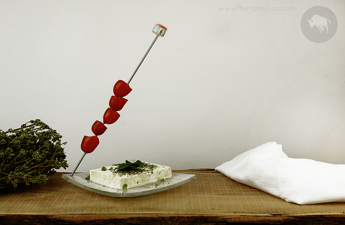cheese platter for restaurants square glass plate skewer cherry tomatoes MyGlassStudio
