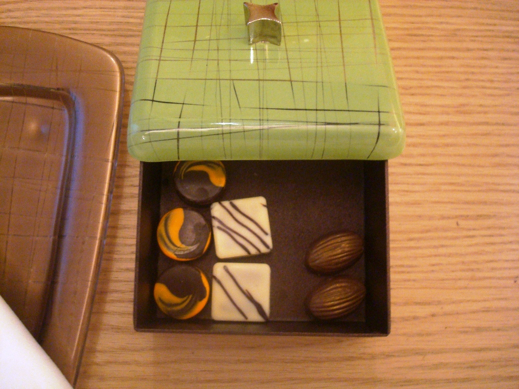 guest room food amenity tray chocolate box bronze glass Westin Mumbai MyGlassStudio