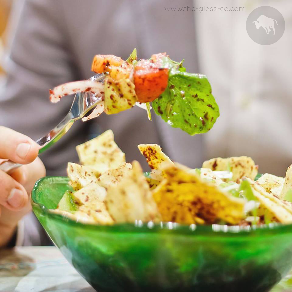 green glass bowl for casual Lebanese restaurant dining by MyGlassStudio