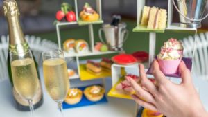 colorful afternoon tea stand colored blocks blue yellow green QT Gold Coast MyGlassStudio