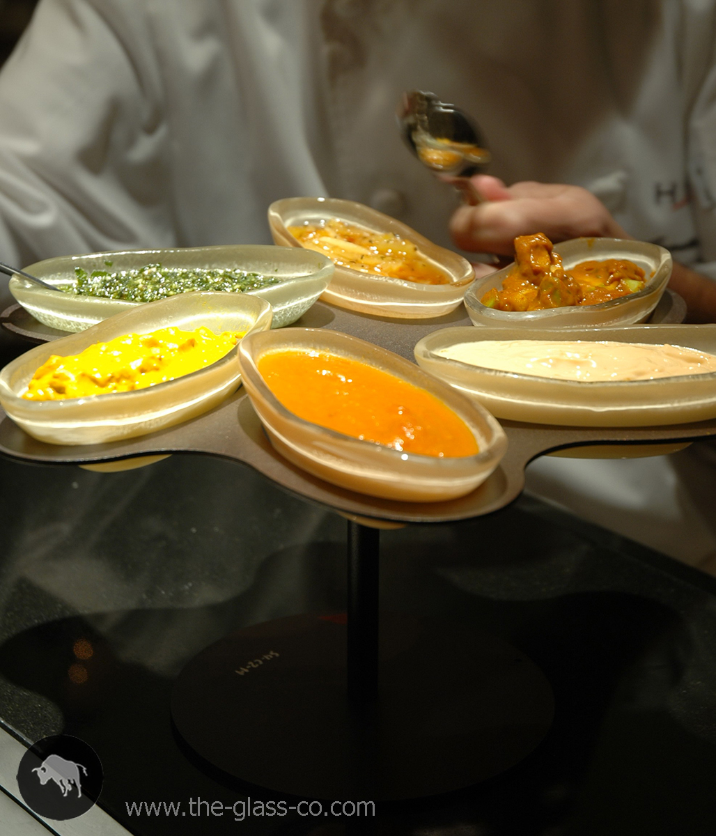 glass dinnerware for Indian food presentation condiment sauce holder MyGlassStudio