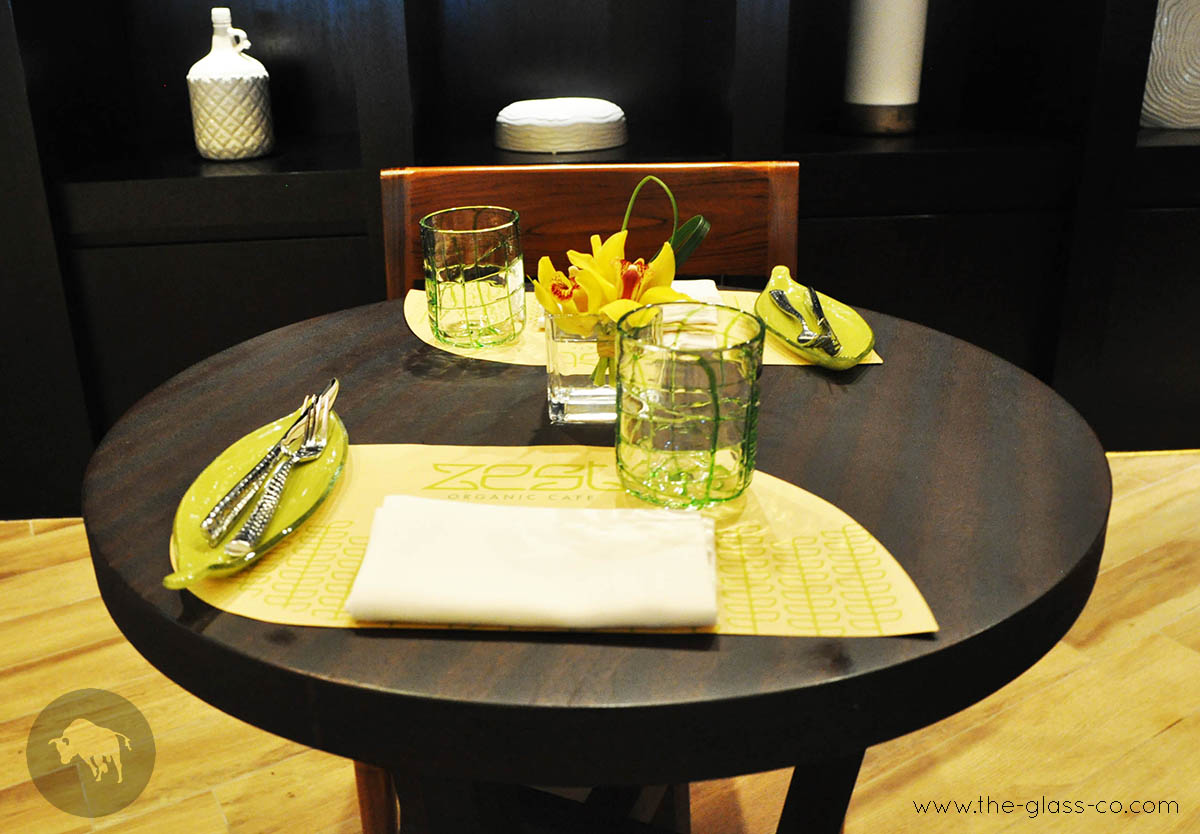 leaf shaped glass cutlery holder Zest cafe Anantara Doha MyGlassStudio