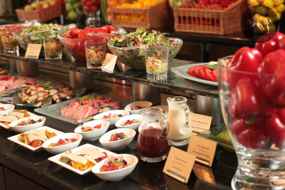 deluxe buffet salad bowls clear glass presentation Kempinski Moscow