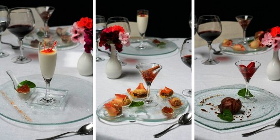 glass dinner set dessert plates presentation Melenos Lindos MyGlassStudio