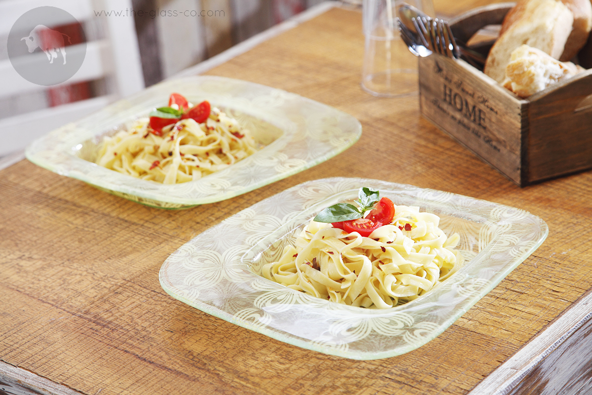 pasta plate types elegant free-form square green pattern MyGlassStudio