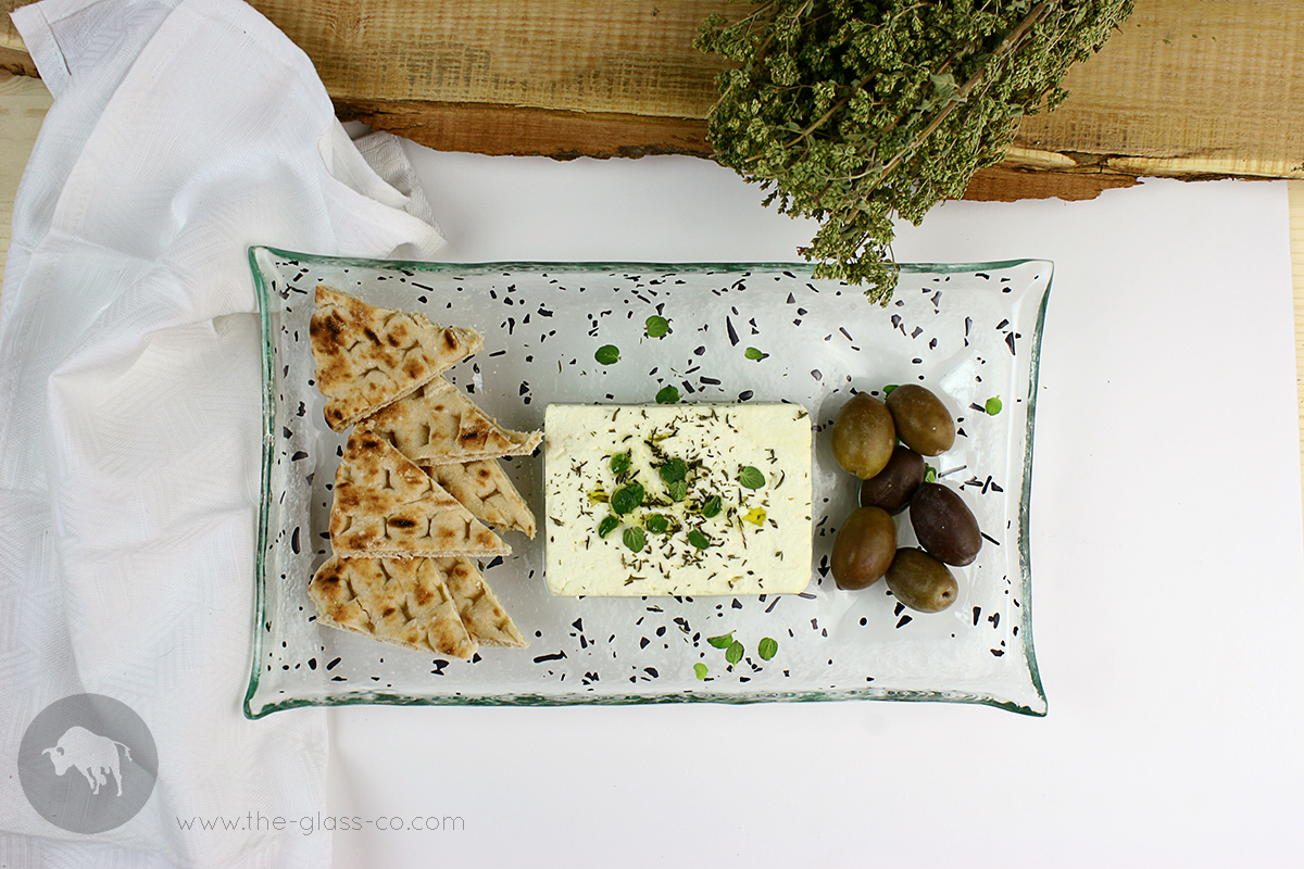 cheese serving platter transparent glass black drops rectangular plate MyGlassStudio