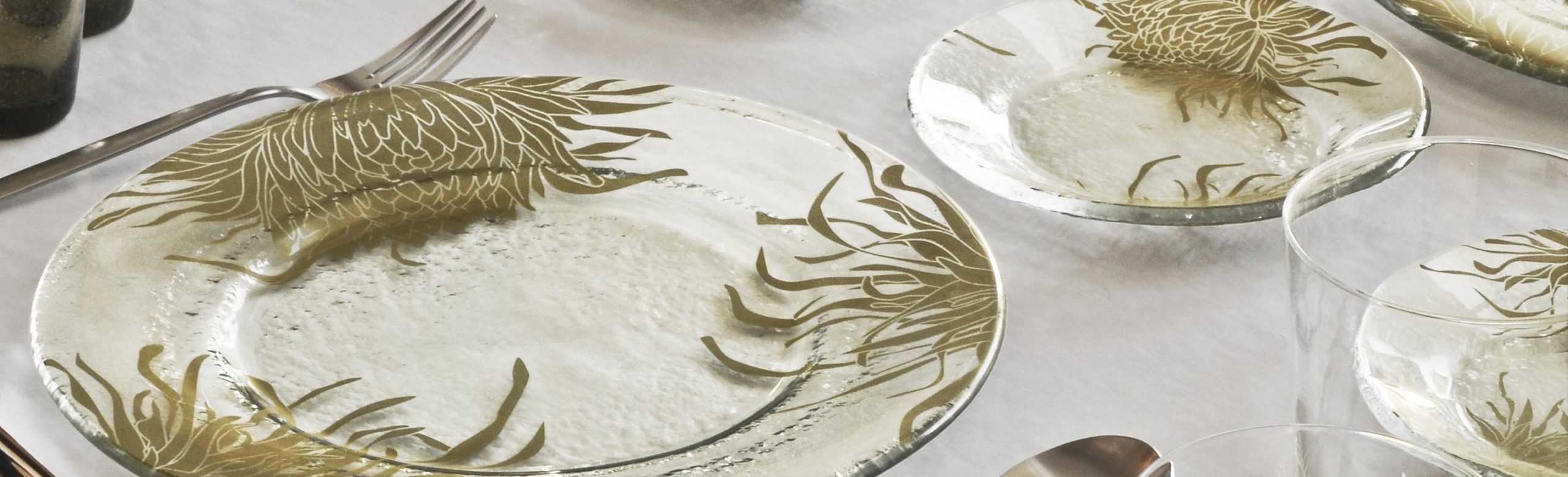 botanical dinnerware Bloom Collection full range glass show plates MyGlassStudio