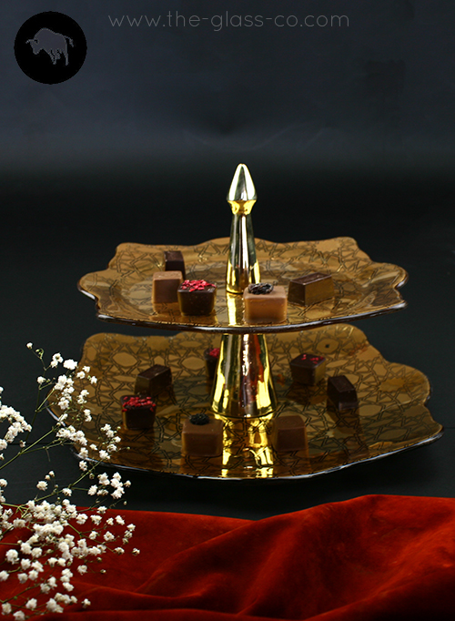 elevated pastry presentation stand gold two tier tea stand MyGlassStudio