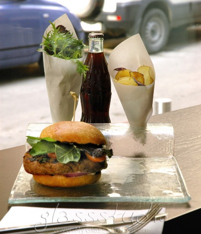 designer gastropub dinnerware gourmet burger glass dinner plate food cone holder fries MyGlassStudio