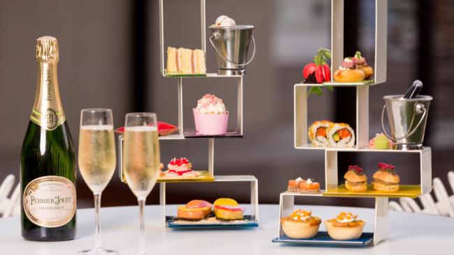 colored high tea stand QT Gold Coast vivid blue yellow green MyGlassStudio