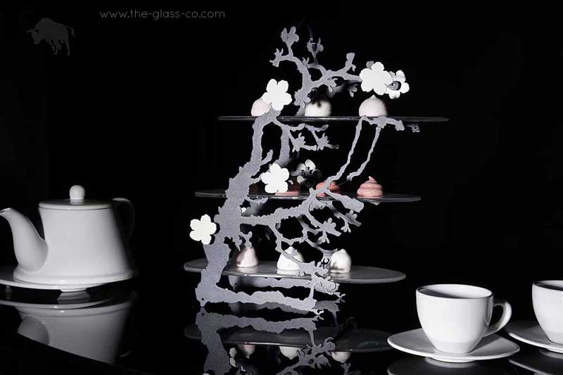 Japanese tea serving stand glass shelves hotel restaurant MyGlassStudio