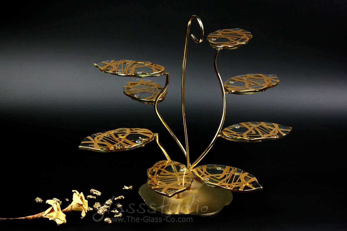 gold dessert stands leaf shaped custom designed for Ritz-Carlton Macau by MyGlassStudio
