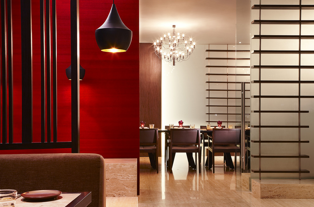 red glass Kangan restaurant modern dinnerware Westin Mumbai Garden City MyGlassStudio