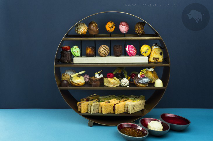 tea cake stand bronze round metal afternoon tea Kempinski Cathedral Square Vilnius by MyGlassStudio