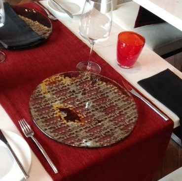 luxury red and gold dinnerware show plate charger Viu St. Regis Bangkok MyGlassStudio
