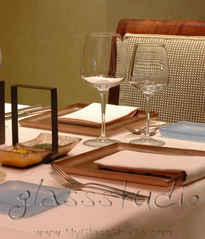 designer underplates square brown glass charger blue side plates MyGlassStudio