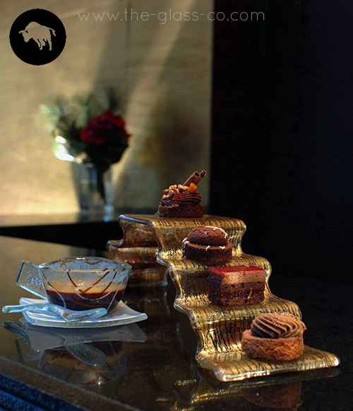 refined afternoon tea presentation stand glass staircase petit fours MyGlassStudio