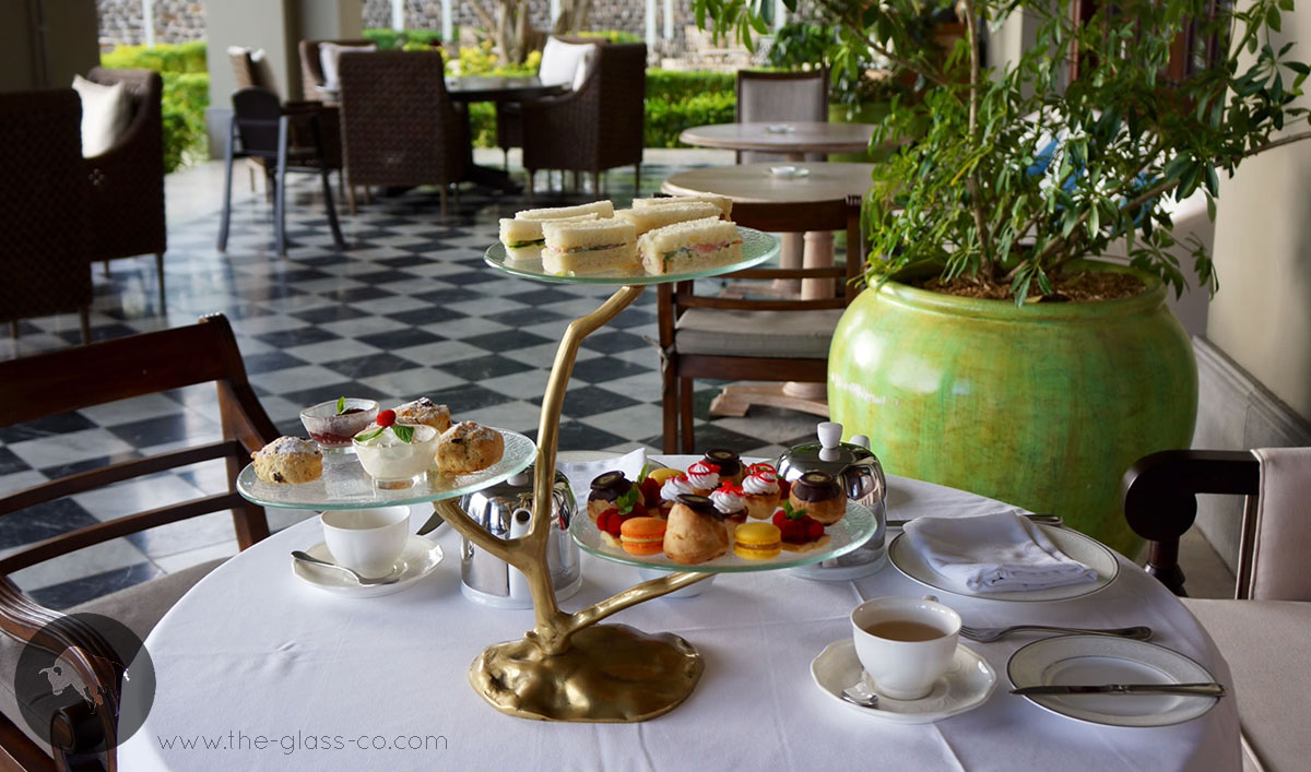 golden tree shaped tiered stand tropical dinnerware St Regis Mauritius MyGlassStudio